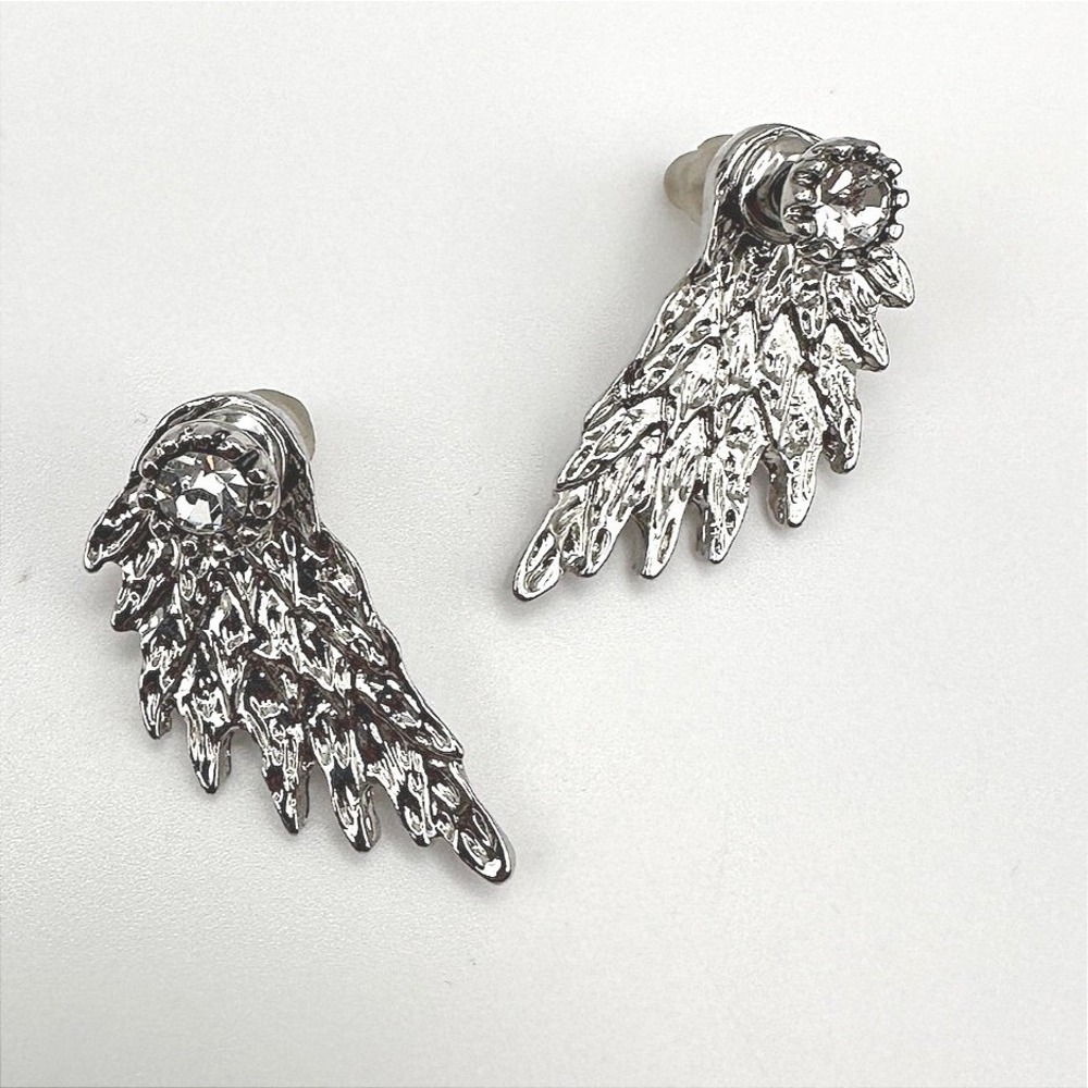 Vintage 90s Silver Tone Angel Wing Stud Earrings Rhinestone Fashion Jewelry